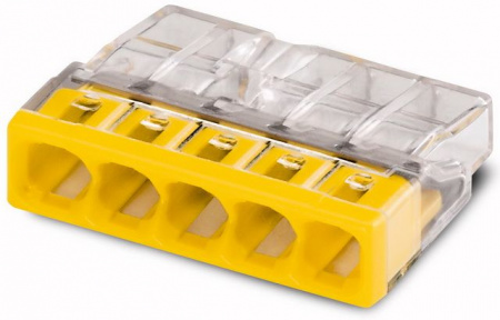 Wago клеммы для одножильных проводников; макс. 2,5 мм²; 5-проводн.; прозрачный корпус; желтая крышка