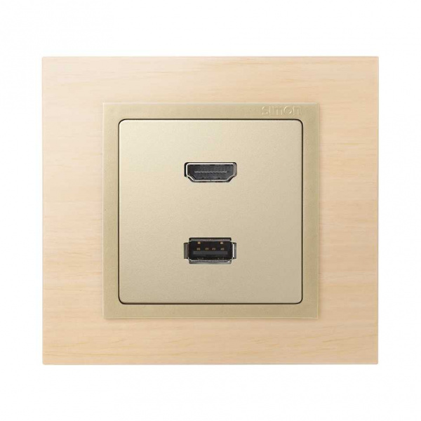 Simon 82 Накладка для розетки HDMI + USB 2.0 для передачи данных цвета шампань
