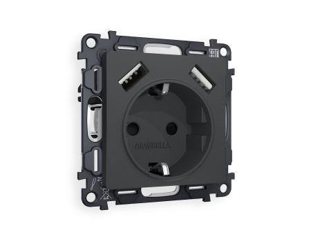 Комплект механизма электрической розетки ALFA MA909010 Графит мягкое касание 2USB A+A 18W быстрая зарядка с заземлением и шторками 2P+E 16A-250V QUANT