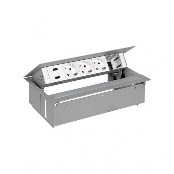 Simon 400 Алюминий Врезной розеточный блок с крышкой и мет. вводом, 3x2P+E, 2xUSB зарядное уст., 1 пустой модуль