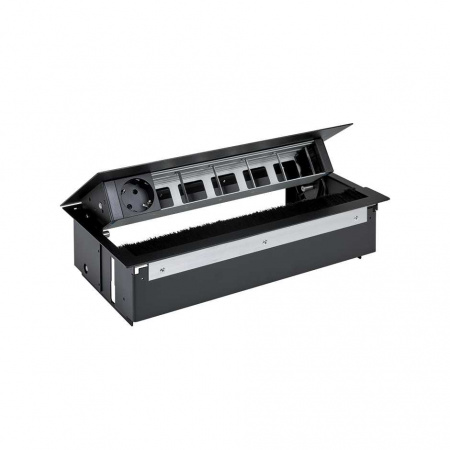 Simon 400 Черный Врезной розеточный блок с крышкой, ввод щетка, 1x2P+E, 5 пустых отвертия
