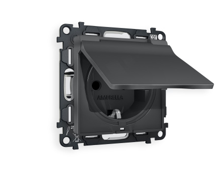 Комплект механизма электрической розетки ALFA MA908010 Графит мягкое касание с заземлением с шторками и защитной крышкой 2P+E 16A-250V IP44 QUANT