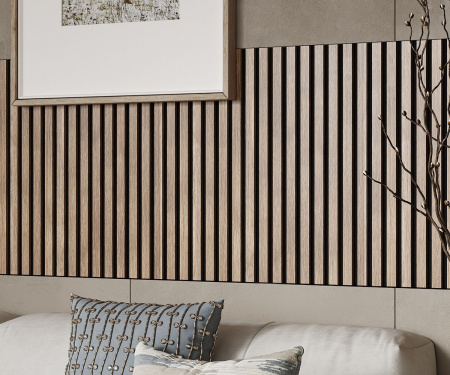 Акустическая панель, черный войлок, 600х600х19мм, рейки МДФ ясень тирамису