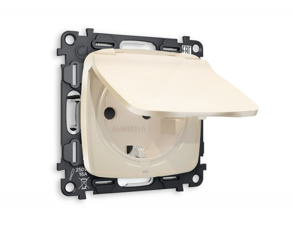Комплект механизма электрической розетки OMEGA MO308010 Бежевый глянец с заземлением с шторками и защитной крышкой 2P+E 16A-250V IP44 QUANT