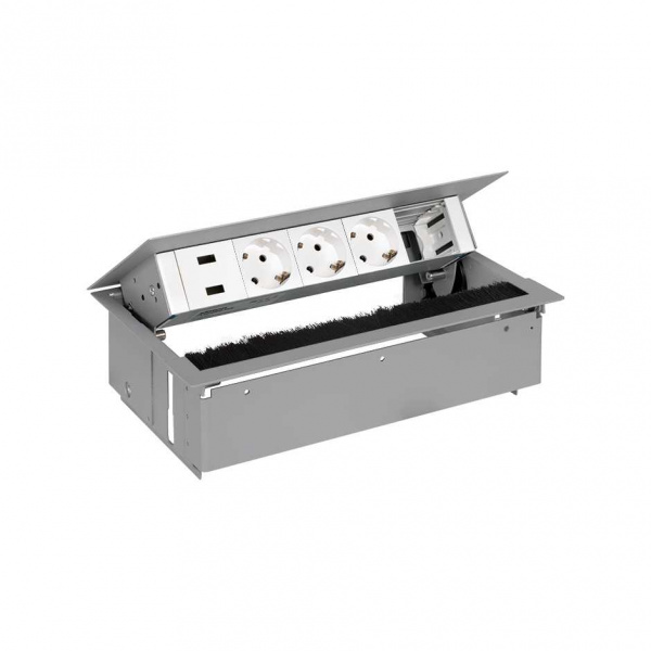 Simon 400 Алюминий Врезной розеточный блок с крышкой, ввод щетка, 3x2P+E, 2xUSB зарядное уст., 1 пустой модуль