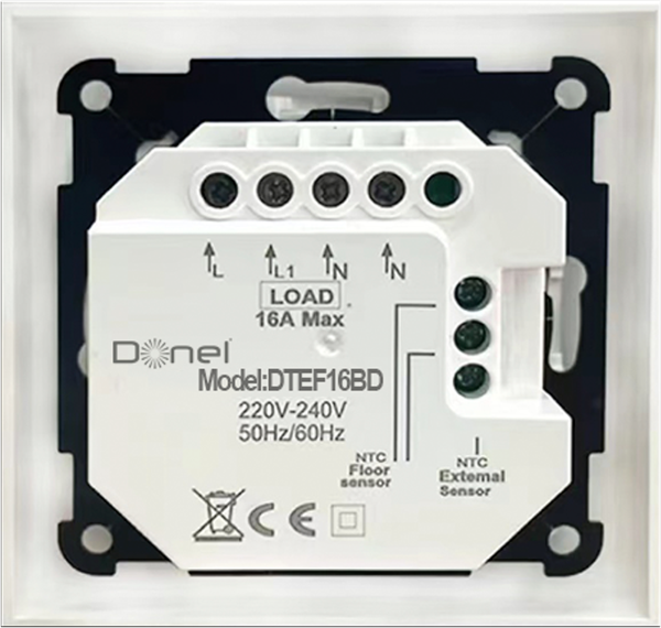 Donel Термостат с датчиком пола, программируемый, 16 A, 55*55 мм.черный, клавиши настройки,серия DTEF