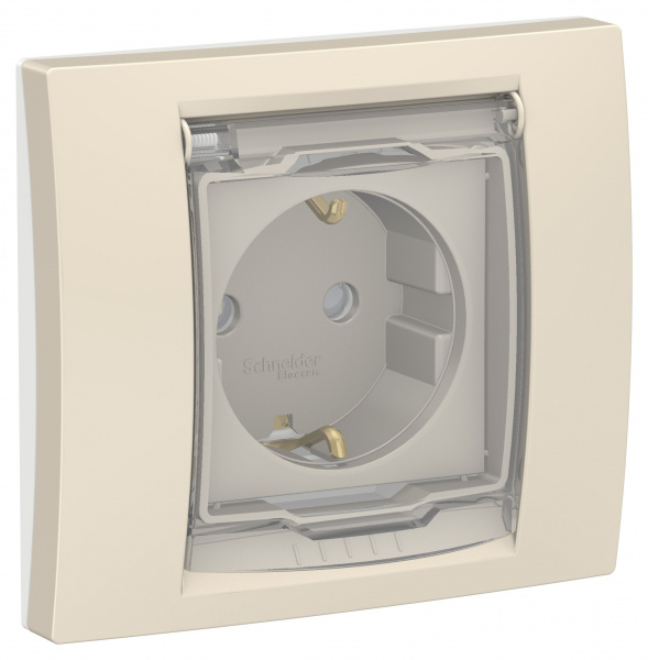 SE Unica New Беж Розетка с/з со шторками, с крышкой, IP44 в сборе с рамкой