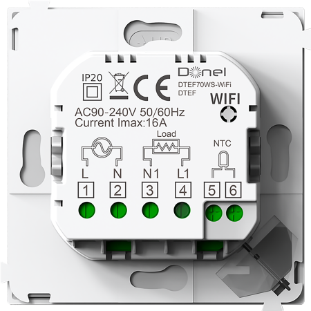 Donel Термостат с датчиком пола с Wi-Fi, программируемый через приложение, 70*70 мм. белое стекло, серия DTEF