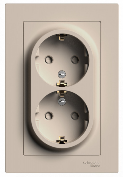 SE AtlasDesign Песочный Розетка двойная с/з со шторками, 16А, в сборе