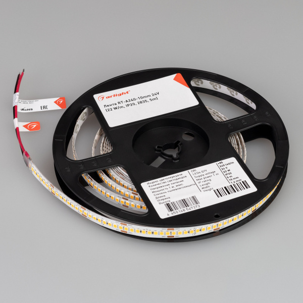 Лента RT-A240-10mm 24V Warm2400 (22 W/m, IP20, 2835, 5m) (Arlight, высок.эфф.150 лм/Вт)