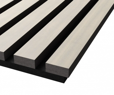 Акустическая панель, черный войлок, 2750х600х21мм, рейки МДФ, шпон дуб клэр светлый Акустическая панель, черный войлок, 2750х600х21мм, рейки МДФ, шпон дуб клэр светлый