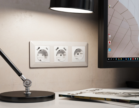 Лицевая панель ALFA (Белый матовый) для электрической розетки с/з со шторками 2USB A+A QUANT AP1290