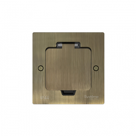 Systeme Electric MultiDesk Античная латунь Лючок с розеткой 2К+З, 16А/250В, IP44 с монтажной коробкой для стены, фальшпола, стола, тип MDK21