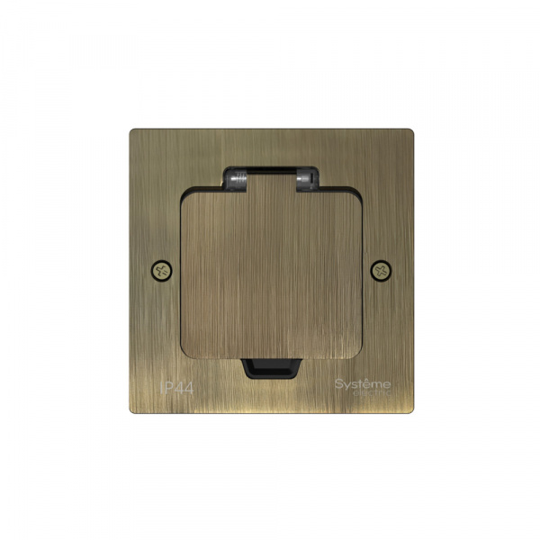 Systeme Electric MultiDesk Античная латунь Лючок с розеткой 2К+З, 16А/250В, IP44 с монтажной коробкой для стены, фальшпола, стола, тип MDK21 Systeme Electric MultiDesk Античная латунь Лючок с розеткой 2К+З, 16А/250В, IP44 с монтажной коробкой для стены, фальшпола, стола, тип MDK21