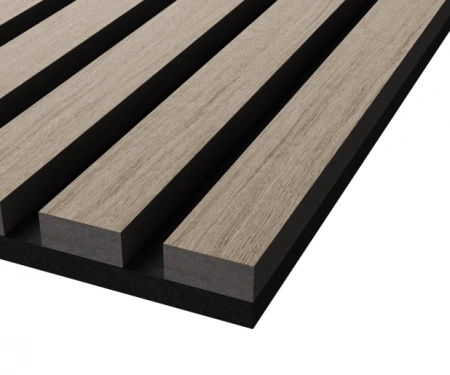 Акустическая панель, черный войлок, 600х600х21мм, рейки МДФ, шпон дуб латте бежевый