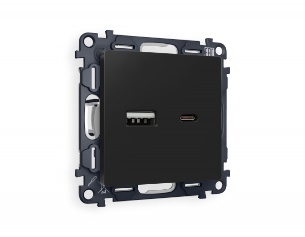 Комплект механизма розетки ALFA MA811010 Черный матовый 2USB A+C 20W быстрая зарядка QUANT