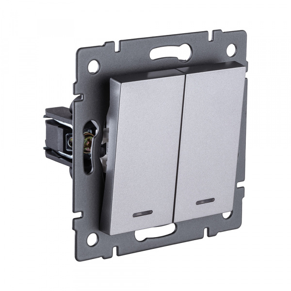 Выключатель 2-клавишный проходной 10А/250В с LED подсветкой, серый Kollinger REA-S-010GY для Aspekt, Eleganz, Reflex