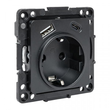 EKF Стокгольм Механизм Розетки 1-местной с/з, USB A+C 16А винтовые клеммы черный с защ. штор.