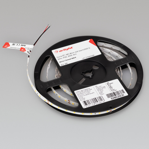 Arlight Лента RT-A80-8mm 24V Warm3500 (6 W/m, IP20, 2835, 5m) (Открытый)