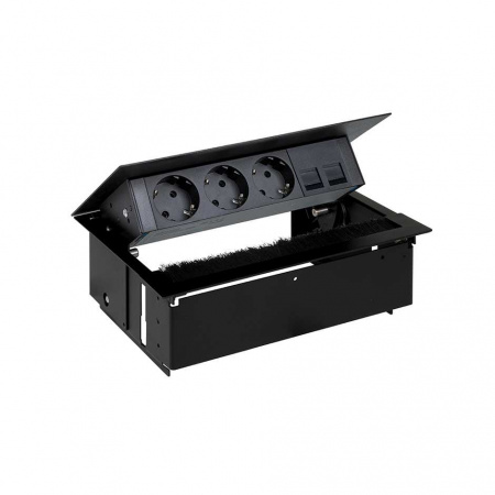 Врезной x4 розеточный блок, щетка, 3x2P+E, 2xRJ45, черный, S400