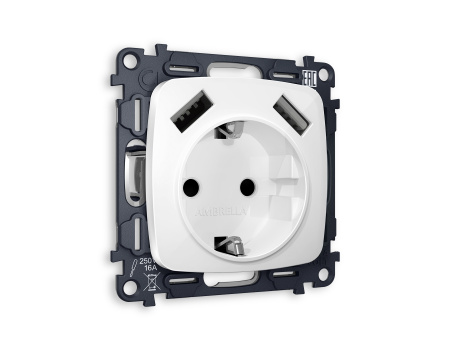 Комплект механизма электрической розетки OMEGA MO109010 Белый глянец 2USB A+A 18W быстрая зарядка с заземлением и шторками 2P+E 16A-250V QUANT
