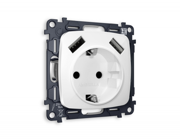Комплект механизма электрической розетки OMEGA MO109010 Белый глянец 2USB A+A 18W быстрая зарядка с заземлением и шторками 2P+E 16A-250V QUANT