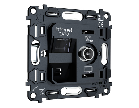 Механизм розетки компьютерной + TV оконечной RJ-45 (8P8C) CAT6 1000 Base-T/50-870 MHz 1dB с автоматической защитной шторкой QUANT VM195