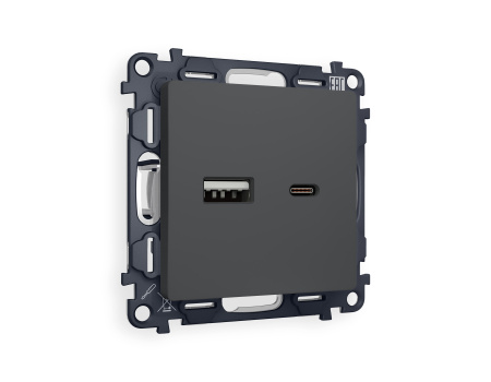 Комплект механизма розетки ALFA MA911010 Графит мягкое касание 2USB A+C 20W быстрая зарядка QUANT
