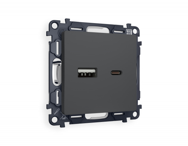 Комплект механизма розетки ALFA MA911010 Графит мягкое касание 2USB A+C 20W быстрая зарядка QUANT