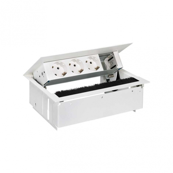 Simon 400 Белый Врезной розеточный блок с крышкой, ввод щетка, 3x2P+E, 1 пустое отвертие