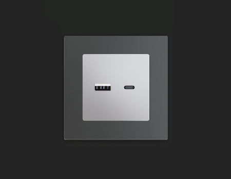 Комплект механизма розетки ALFA MA411010 Серебро глянец 2USB A+C 20W быстрая зарядка QUANT