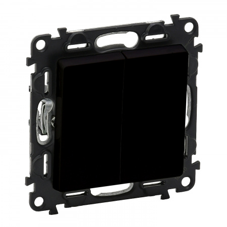 Legrand Valena LIFE. Выключатель двухклавишный 10А 250В с лицевой панелью. Безвинтовые зажимы. Антрацит.