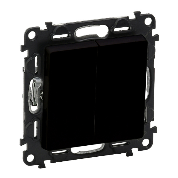 Legrand Valena LIFE. Выключатель двухклавишный 10А 250В с лицевой панелью. Безвинтовые зажимы. Антрацит.