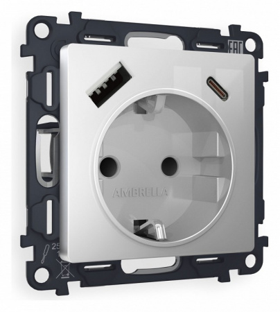 Комплект механизма электрической розетки ALFA MA410010 Серебро глянец 2USB A+C 20W быстрая зарядка с заземлением и шторками 2P+E 16A-250V QUANT