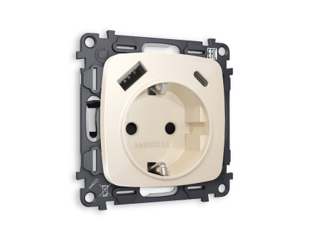 Комплект механизма электрической розетки OMEGA MO310010 Бежевый глянец 2USB A+C 20W быстрая зарядка с заземлением и шторками 2P+E 16A-250V QUANT