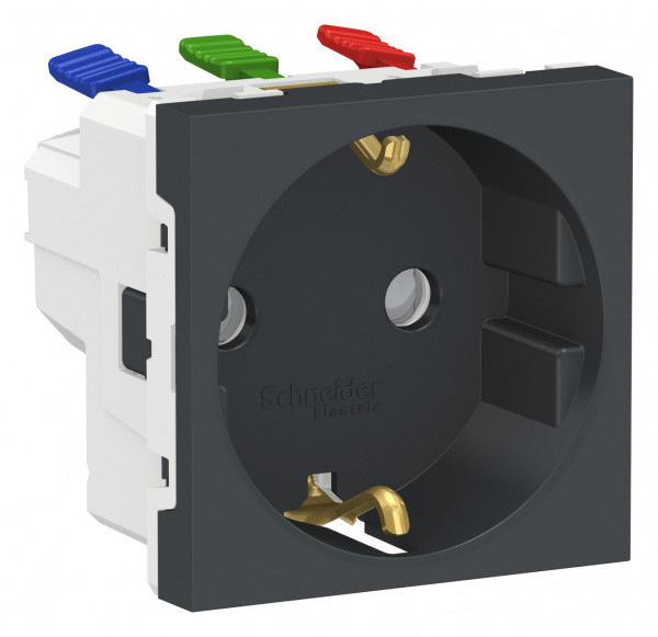 SE Unica Modular Антрацит Розетка с/з со шторками, с быстрозажимными клеммами, 16А 250В, 2 модуля