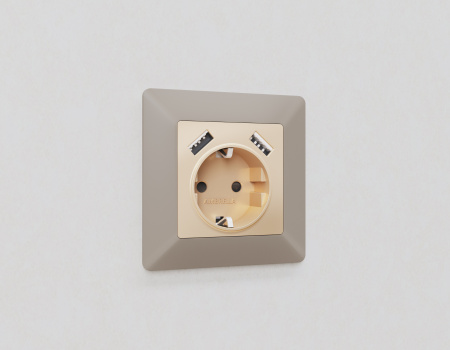 Лицевая панель ALFA (Шампань) для электрической розетки с заземлением со шторками 2USB A+A QUANT AP6090