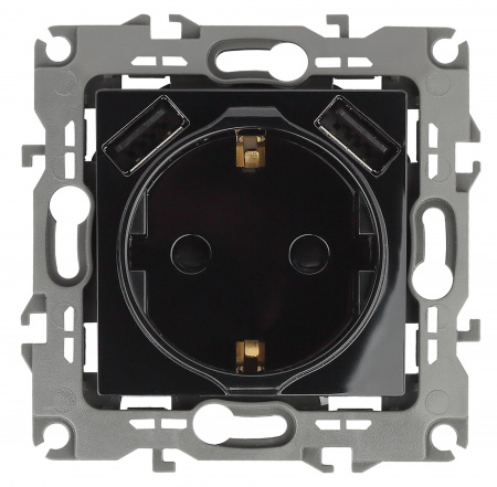ЭРА 12-4109-06 Чёрный Розетка 2P+E 16A-250В, штор. с 2xUSB 5В-3А, 12