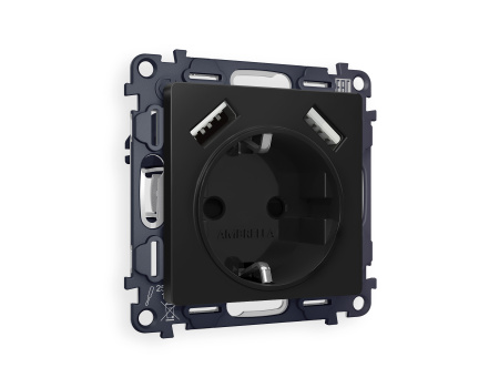 Комплект механизма электрической розетки ALFA MA809010 Черный матовый 2USB A+A 18W быстрая зарядка с заземлением и шторками 2P+E 16A-250V QUANT