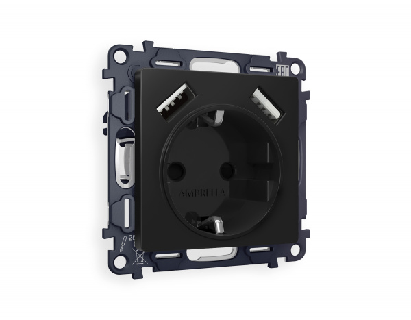 Комплект механизма электрической розетки ALFA MA809010 Черный матовый 2USB A+A 18W быстрая зарядка с заземлением и шторками 2P+E 16A-250V QUANT
