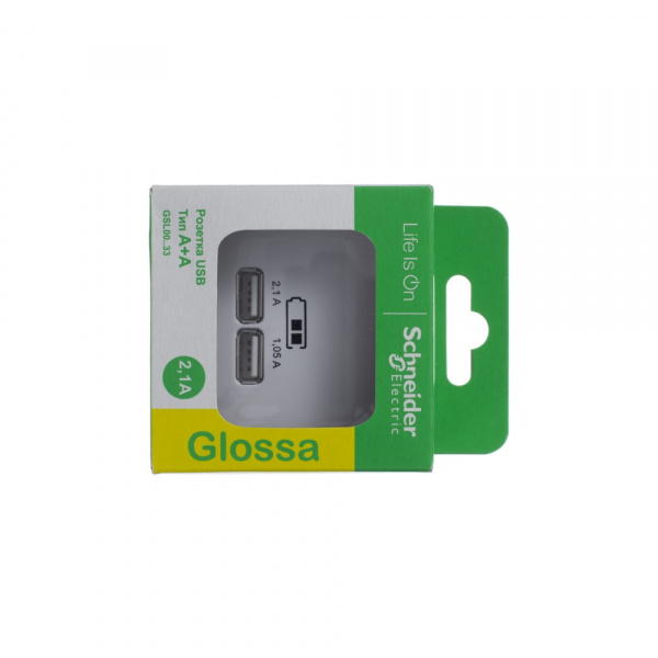 SE Glossa Бел Розетка USB 5В/2,1А, 2х5В/1,05А