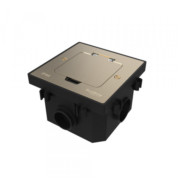 Systeme Electric MultiDesk Никель Лючок с розеткой 2К+З, 16А/250В, IP44 с монтажной коробкой для бетонных полов, тип MDK21