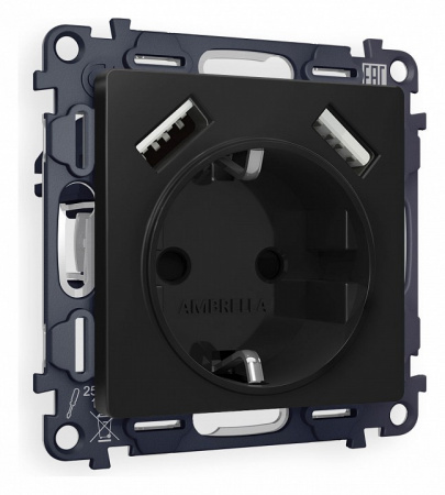 Комплект механизма электрической розетки ALFA MA809010 Черный матовый 2USB A+A 18W быстрая зарядка с заземлением и шторками 2P+E 16A-250V QUANT