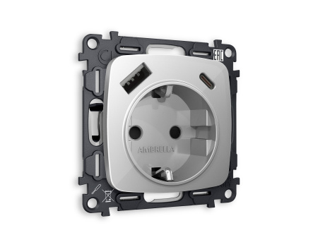 Комплект механизма электрической розетки OMEGA MO410010 Серебро глянец 2USB A+C 20W быстрая зарядка с заземлением и шторками 2P+E 16A-250V QUANT