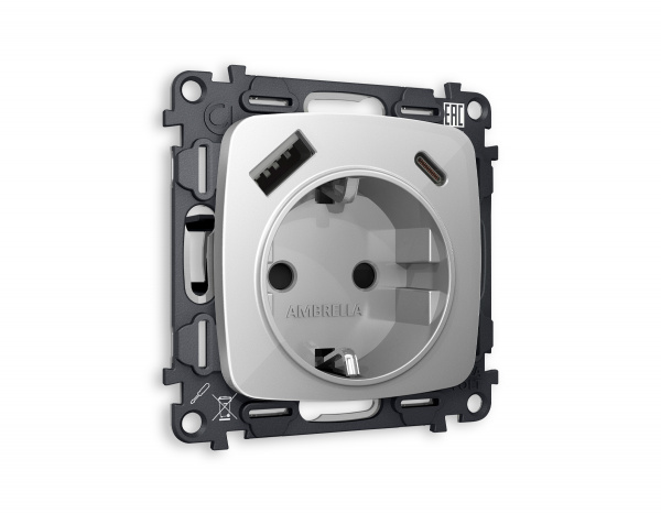 Комплект механизма электрической розетки OMEGA MO410010 Серебро глянец 2USB A+C 20W быстрая зарядка с заземлением и шторками 2P+E 16A-250V QUANT