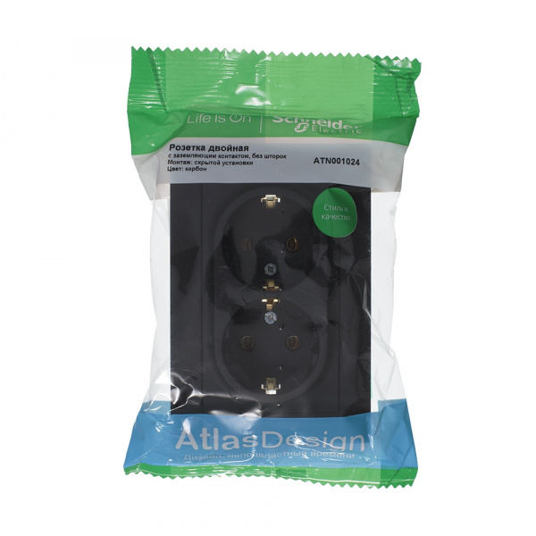 SE AtlasDesign Карбон Розетка с/з двойная, 16А, в сборе