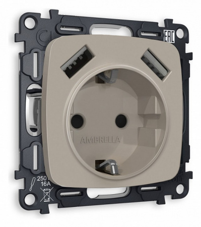 Комплект механизма электрической розетки OMEGA MO369010 Серо-бежевый матовый 2USB A+A18W быстрая зарядка с заземлением с шторками 2P+E 16A-250V QUANT