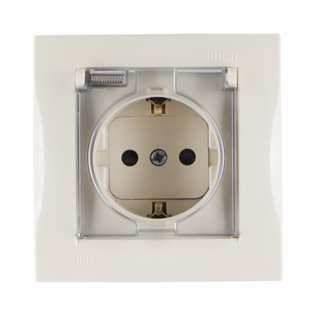 Simon 15 Бежевая Розетка 1-ая с/з с крышкой с защитными шторками, IP44 (в сборе с рамкой)