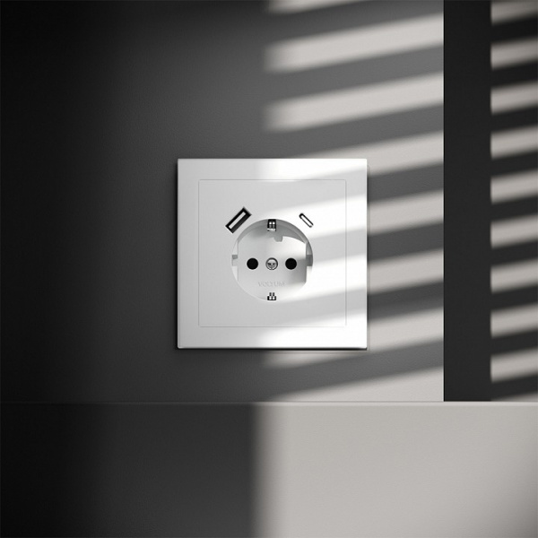 Розетка встраиваемая VOLTUM S70 с заземлением и защитными шторками, 16А, с USB, A+С, (белый матовый) Розетка встраиваемая VOLTUM S70 с заземлением и защитными шторками, 16А, с USB, A+С, (белый матовый)