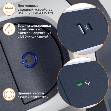 Legrand Revolution Комфорт Бело-черный Удлинитель 5x2К+З с 2xUSB A+C (3А), кабель 1,5м, плоские розетки, УЗИП с индикацией, фиксируемый поворотный бло